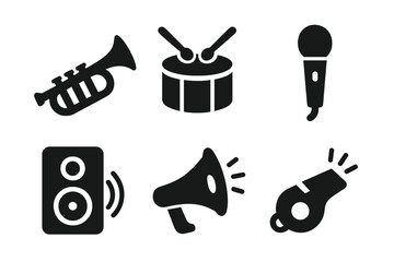 Music and sound solid glyph icon set. Vector collection of parade, festival, and event symbols. Trumpet, drum, microphone, speaker, megaphone, and whistle illustration.