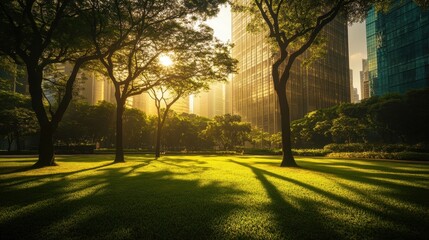 Obraz premium Urban Oasis Sunlit Park Meets City Skyline.