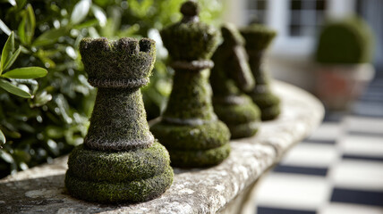 Moss-covered chess pieces outdoors on a stone surface.