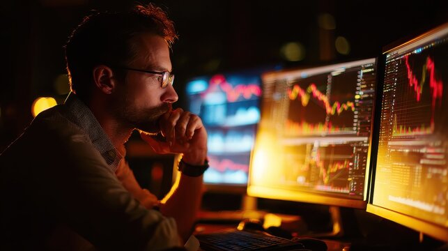 Pensive stock trader analyzing financial data on multiple computer screens - Powered by Adobe