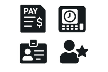 Payroll icon set for human resources. Solid glyph icons of salary slip, time clock for attendance tracking, employee ID badge, and staff bonus or performance reward.