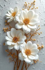 Obraz premium Elegant white, gold floral art with textured background. Features decorative blossoms, botanical elements. Delicate white petals surround golden centers. Thin branches with tiny yellow buds add