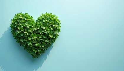 Heart shaped from rich green foliage against light blue background. Symbolizes love for nature, environmental awareness, sustainability. Represents harmony, wellness, conservation efforts for Earth.