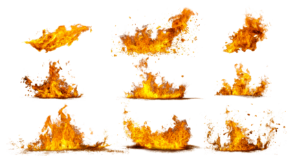 Dynamic bursts of vibrant orange fire against a clean white background, cut out transparent