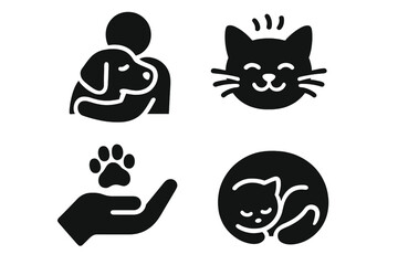 Pet comfort solid icons. Man hugging dog, purring cat, paw in hand, sleeping kitten. Animal care, love, friendship and adoption concept. Vector glyph pictograms for vet.