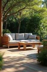 Obraz premium Wooden deck with modern sofa and coffee table in sunny garden. Outdoor patio furniture set. Comfortable lounge space with pillows, surrounded by lush green nature, perfect for relaxation.