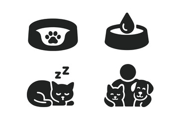 Pet care glyph icon set. Solid vector symbols for animal shelter, vet, or pet shop. Includes dog and cat family, sleeping kitten, pet bed, water bowl. Animal welfare concept.