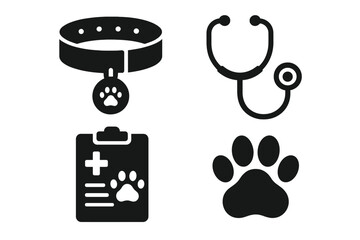 Pet safety and wellness vector icon set. Solid glyph icons of collar with ID tag, vet stethoscope, animal health chart, and paw print. Veterinary clinic and pet care concepts.