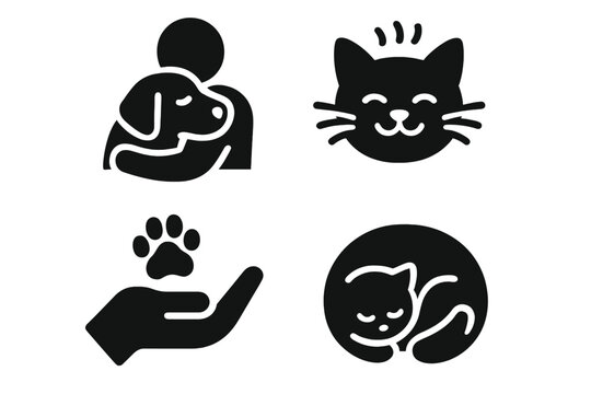 Pet comfort solid icons. Man hugging dog, purring cat, paw in hand, sleeping kitten. Animal care, love, friendship and adoption concept. Vector glyph pictograms for vet. - Powered by Adobe