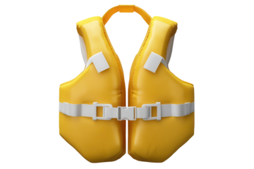 Yellow life jacket with white buckles designed for safety in water activities at a lakeside or oceanfront location, ideal for boating or swimming experiences