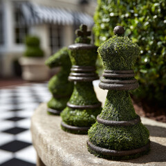 Outdoor chess pieces with green moss on a garden patio.