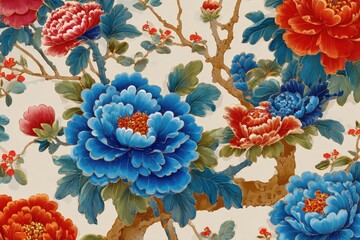 Colorful Chinese floral porcelain pattern depicting vibrant peonies and blossoms set against a cream background with detailed branches and leaves