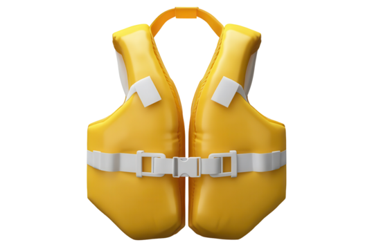 Yellow life jacket with white buckles designed for safety in water activities at a lakeside or oceanfront location, ideal for boating or swimming experiences