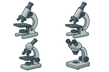 Set of microscope vector illustrations for science and education. Laboratory research equipment for biology or chemistry analysis. Cartoon style scientific discovery concept.