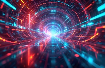 Futuristic abstract digital data pathway tunnel in neon blue, orange. Geometric circuit board pattern with glowing lines, particles creates sense of advanced technology, speed, communication.