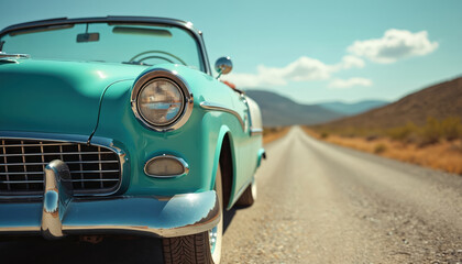 Naklejka premium Turquoise classic convertible car driving on empty desert highway. Vintage automobile with chrome details. Retro road trip adventure, scenic route through arid landscape under clear blue sky.