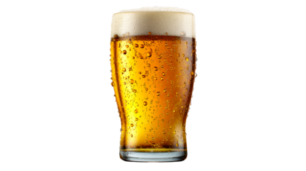 Refreshing cold lager beer in a condensation-covered glass, cut out transparent