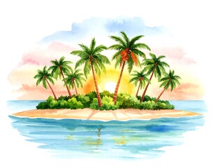 Tropical island at sunset, watercolor style