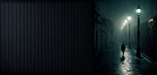 Lonely person walking in the rain at night on a dimly lit street with copy space