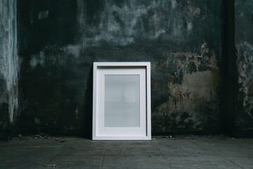 White frame positioned against dark plaster wall with a textured surface offering a minimalist aesthetic in a contemporary setting