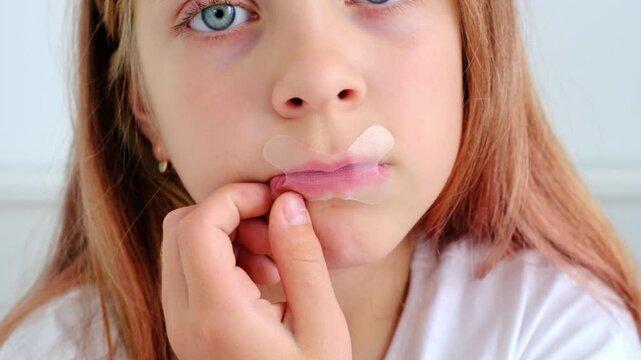 Young girl demonstrating anti-snoring patch application, progression from initial placement to final smile, effective breathing technique and facial transformation for better sleep quality
