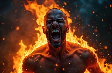 Man screams engulfed in fire, displaying intense anger, emotional distress. Powerful inferno surrounds, emphasizing rage, struggle. Closeup portrait captures raw human emotion, pain, frustration.