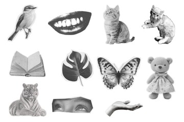 Set of retro collage design photocopy punk items, grunge punk retro photocopy, collage designs set, reto collage collection 