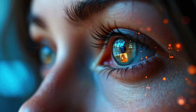 Close-up of woman eye reflecting social media grid, online content consumption, technology influence. Small orange particles float, adding digital feel to image, representing data notifications.