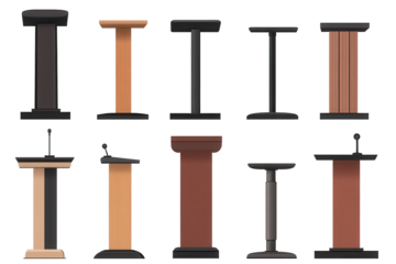 Collection of various podiums and microphones suitable for speeches and presentations in a conference setting