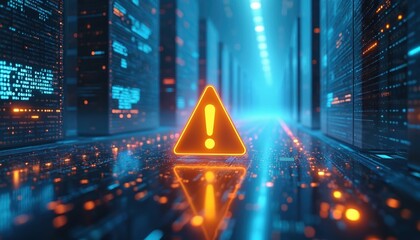Cybersecurity warning illustration with glowing orange exclamation mark in digital tunnel. Server racks with code, data streams in blue neon light. Cybercrime alert, system hacking, digital danger