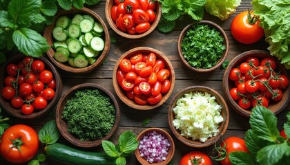 Fresh ingredients for vibrant vegetable bowls. Overhead view tomatoes, cucumbers, parsley, onions arranged on rustic wooden table. Colorful, healthy food assortment perfect for promoting diet,