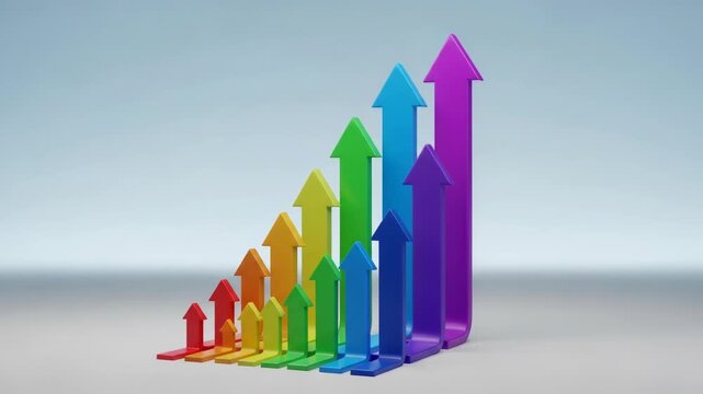 Colorful upward-pointing arrows of varying sizes and colors form a graphic representation of growth