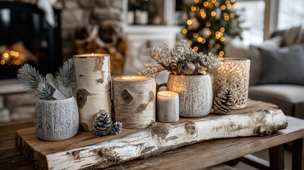 Rustic birch candles and pinecones on a wood slab centerpiece, glowing on a living room table with bokeh lights and a cozy Christmas backdrop