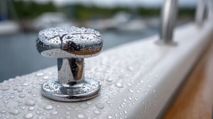 Obraz premium Chrome boat cleat with water droplets on a railing.
