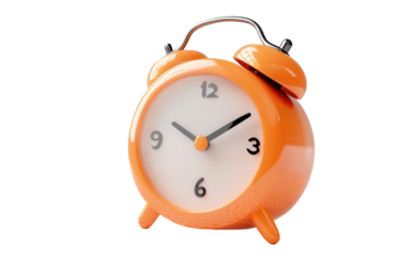 Bright orange cartoon alarm clock stands on a white textured surface highlighting its playful design and classic features in a low-resolution depiction