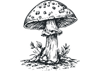 Vintage Amanita Mushroom with Spotted Cap and Leafy Growth. Vector hand drawn illustration