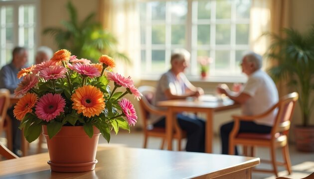 Vibrant assisted living community common area features colorful flowers. Engaged residents interact in bright, warm space. Focus on senior activity, social interaction, care, and joyful togetherness.