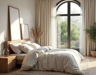 Cozy Scandinavian bedroom interior features white bed with natural light streaming through large arched window. Includes wooden furniture, bedding, and minimalist decor with vase and potted plant.