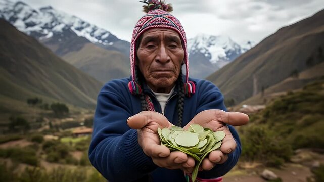 Elderly Man Holding Green Leaves In Hands Against Mountain Landscape In Peru