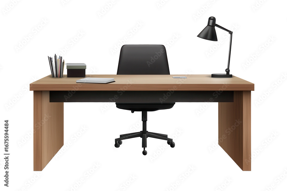 Poster modern office desk setup with lamp and chair in minimalistic design over transparent background