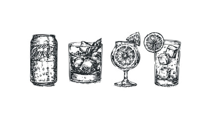 Sketch of carbonated beverage can and refreshing iced drinks with citrus. Vector hand drawn illustration