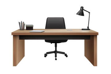 Modern office desk setup with lamp and chair in minimalistic design over transparent background