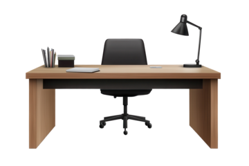 Modern office desk setup with lamp and chair in minimalistic design over transparent background