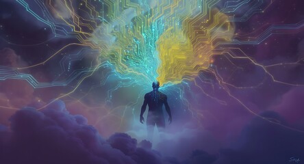 Digital Mind: Futuristic Man, Circuitry, Abstract, Mystical,  Ethereal Glow, Cloud Background,  AI Concept Art.