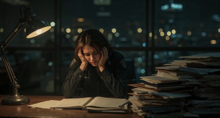 Overwhelmed Officer Working Late Night: Focused Woman Examining Case Files Under Desk Lamp in Urban Office