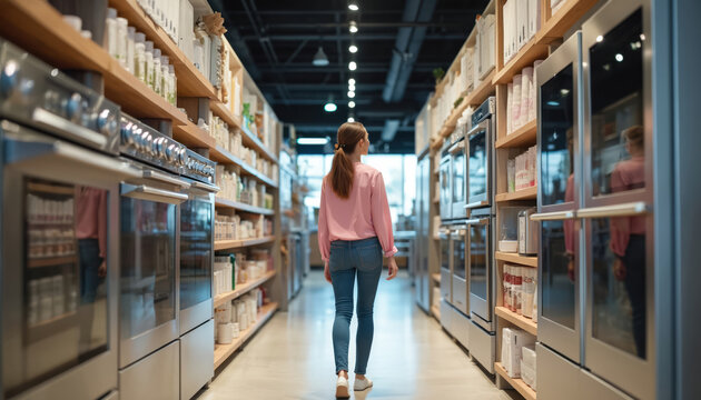 Woman walks through aisle of modern home appliance store, browsing ovens and refrigerators. She considers sophisticated, convenient products, representing lifestyle upgrade and smart living choices.