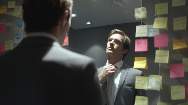 Confident businessman adjusting tie while looking at reflection in mirror