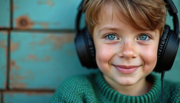 Adorable redhead boy with blue eyes, freckles wears headphones, smiles warmly. Enjoying music, listening sound with earphones. Cozy green sweater. Close-up portrait, copy space. Childhood joy, teen