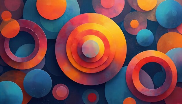 Abstract background of overlapping circles in warm colors like orange, red, contrasted with cool blue tones. Concentric circles create sense of depth, focus. Graphic design perfect for modern,