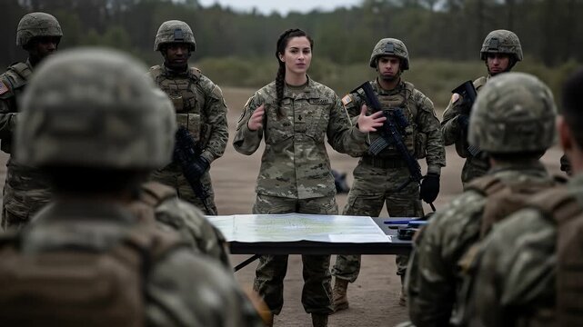 Female Officer Leading A Training Session With Armed Soldiers Outdoors Near Table With Map